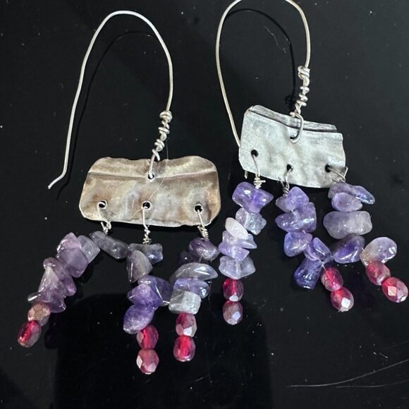 Amethyst Gemstone Purple Sterling Silver 925 Earrings Handmade Rustic Scrap - Picture 3 of 9